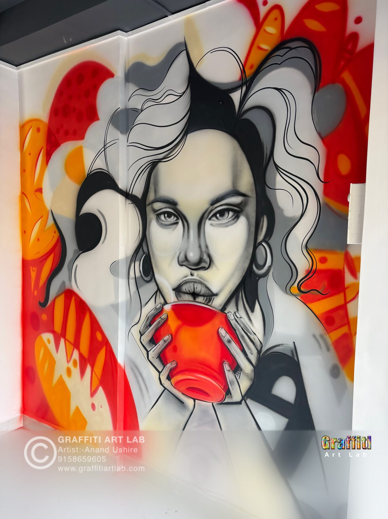 Cafe character wall art painting, Golden Tea & Coffee